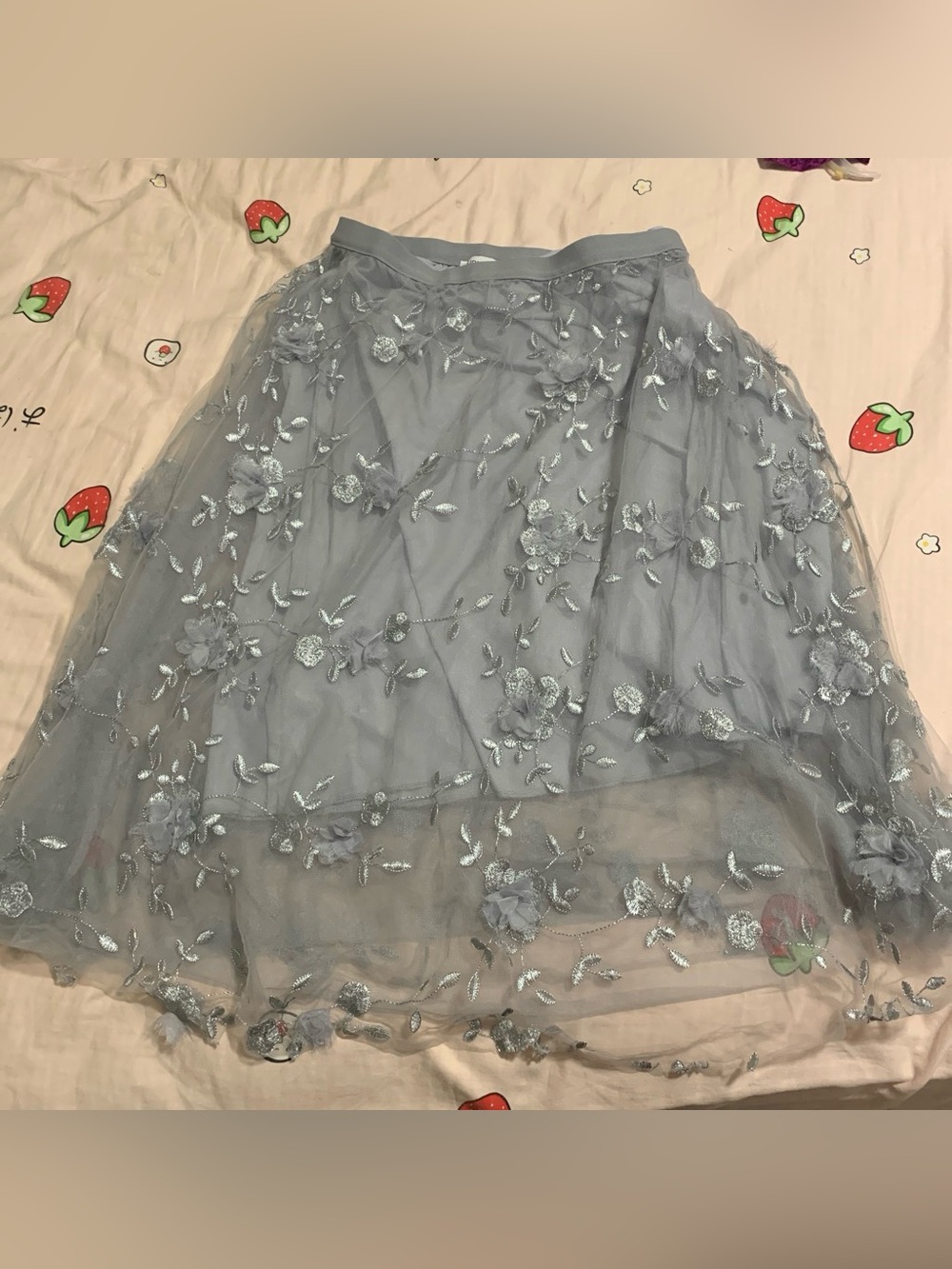 Embroidered Floral Sheer Tulle Skirt in Grey/Dusty Blue